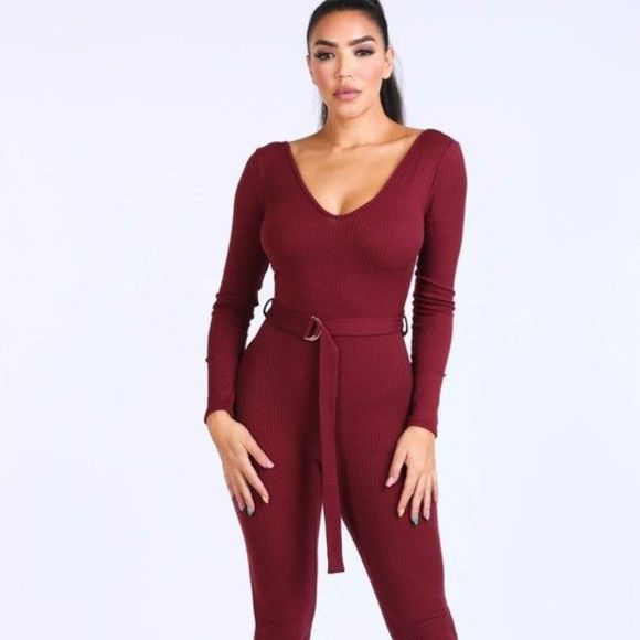 Burgundy Ribbed Knit Deep U Bodysuit - Picture 1 of 3